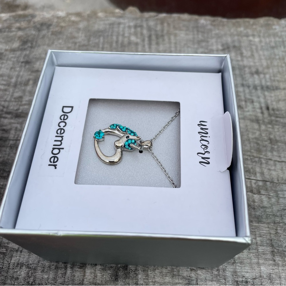 December turquoise blue and silver heart unicorn necklace - Picture 5 of 6